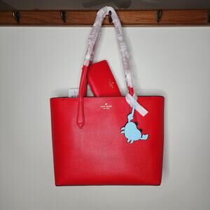 kate spade KB505 Red Marlee Tote Bag with Blue Crab Plus Slim Wallet New